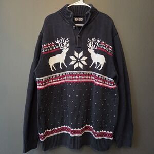 Chaps Men's Pullover Holiday Sweater 1/4 Button Black Deer Snow Size 2XL Tall‎